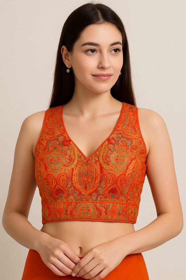 Fiery Orange Brocade Blouse with Traditional Paisley Motifs