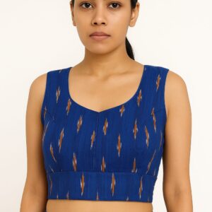 Navy Ikat Weave Back-Tie Blouse