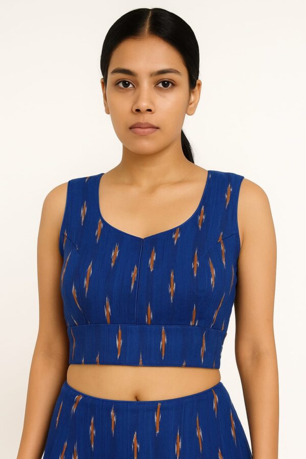 Navy Ikat Weave Back-Tie Blouse