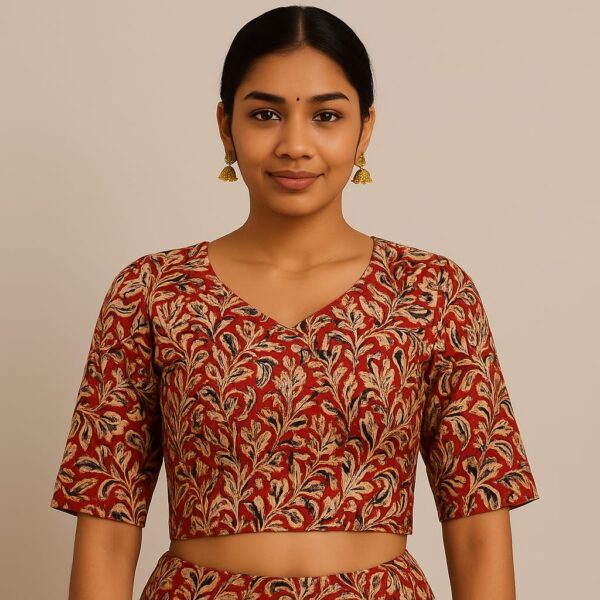 Maroon Leaf Print Cotton Half-Sleeve Blouse